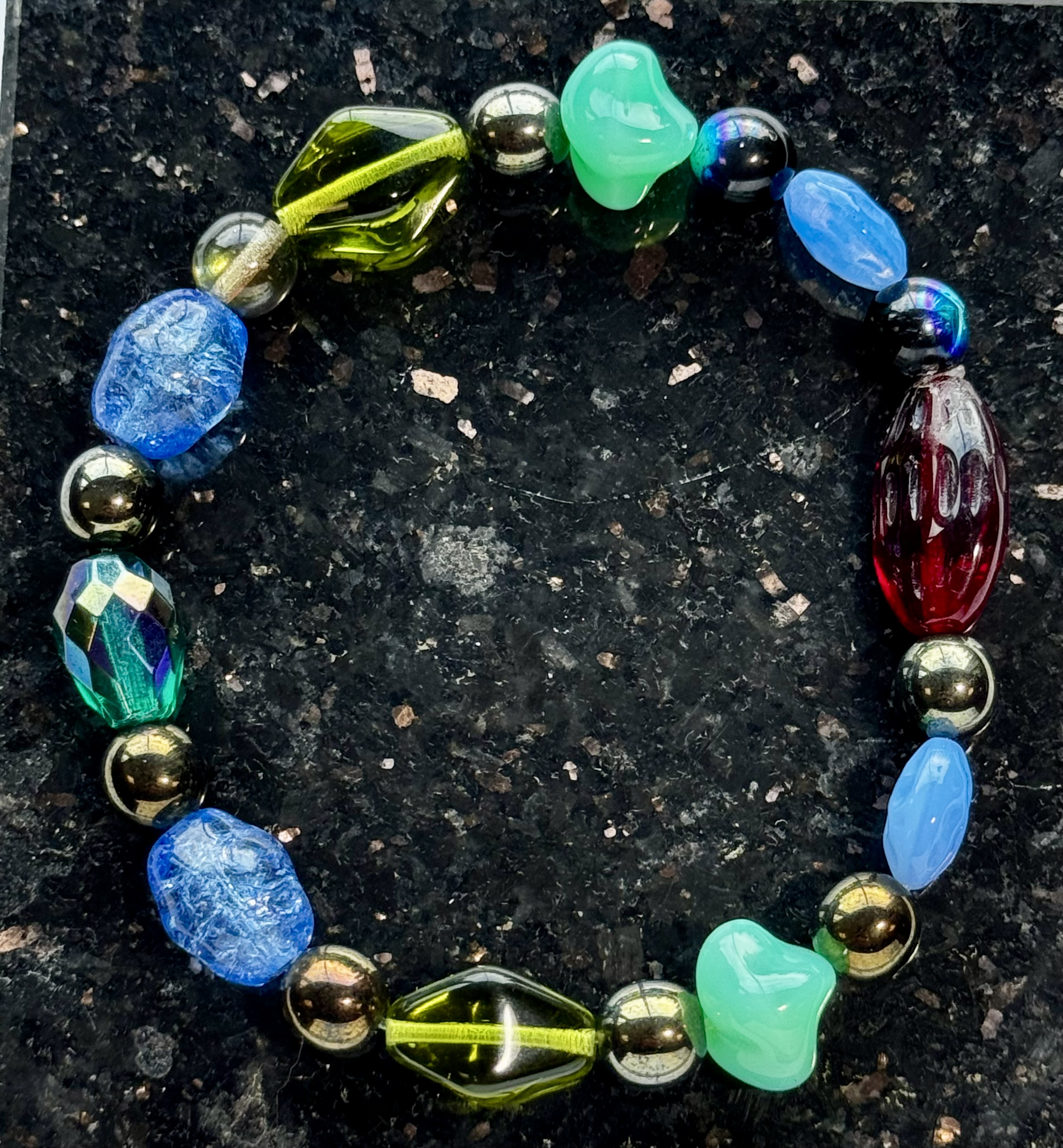 Colorful glass and gold hematite bracelet
