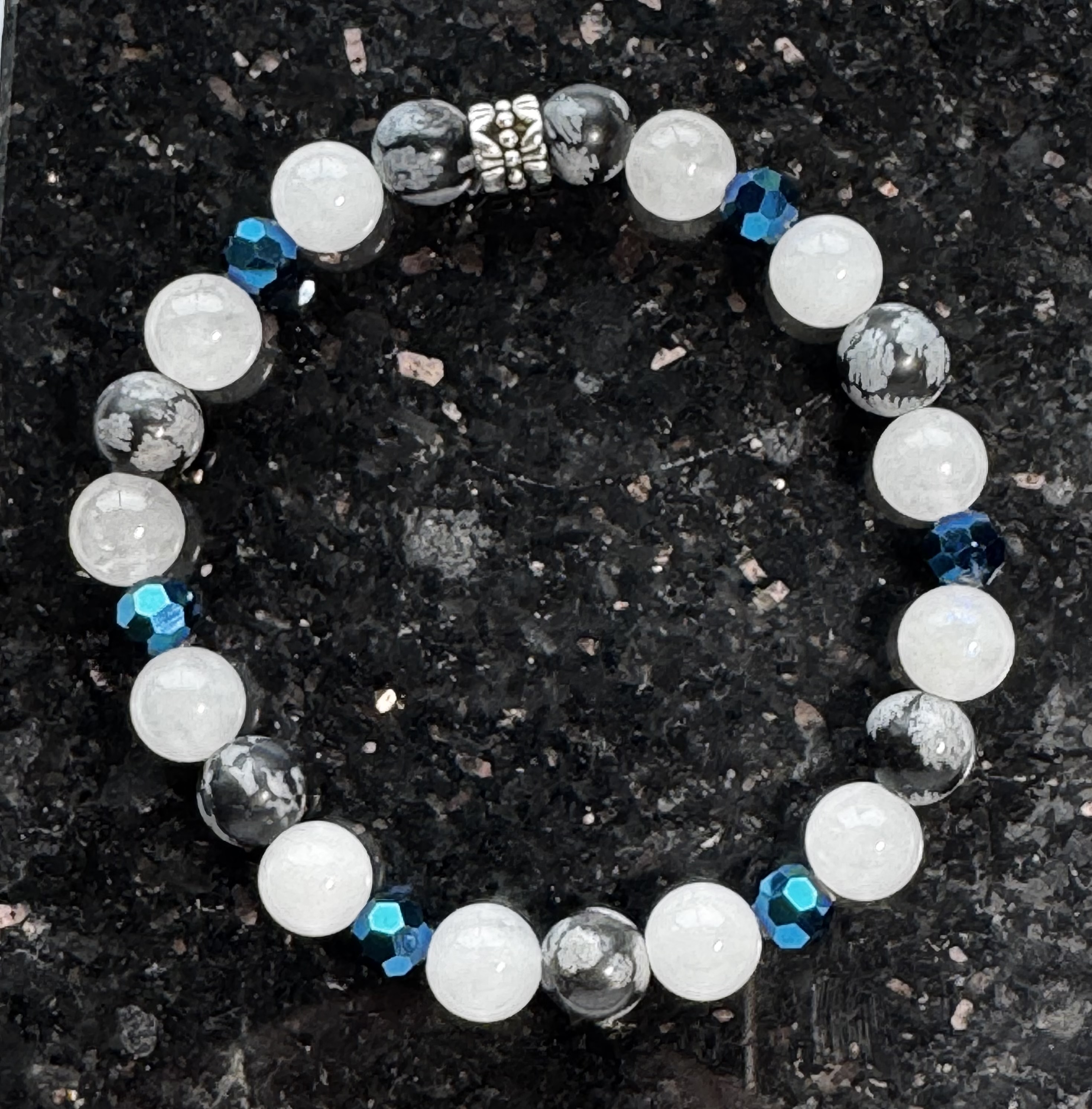 White moonstone and snowflake obsidian with blue crystals